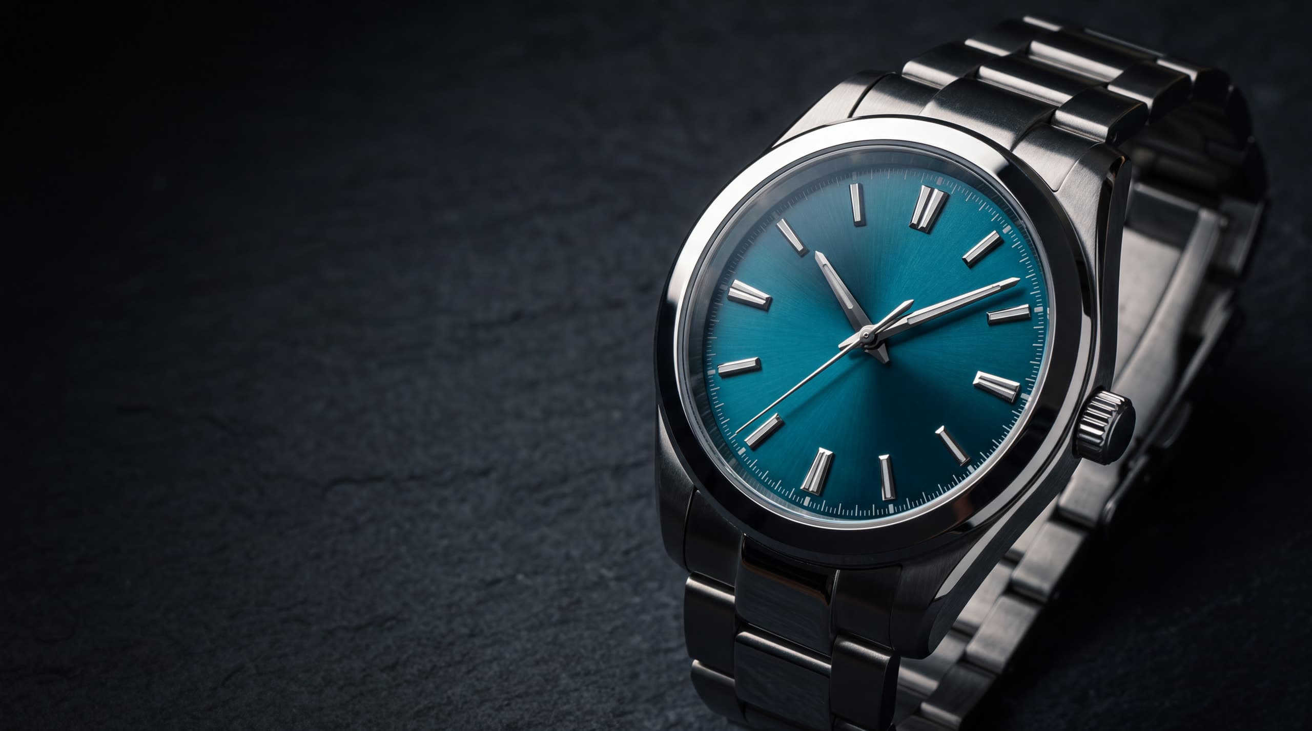 A steel watch with a petrol-blue dial resting on dark slate