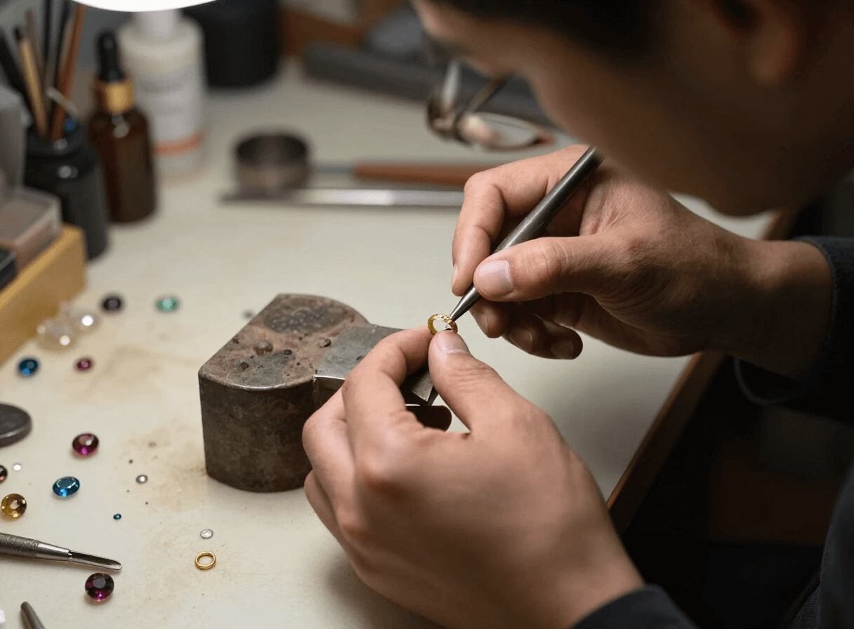 A master jeweller crafting a gold ring by hand
