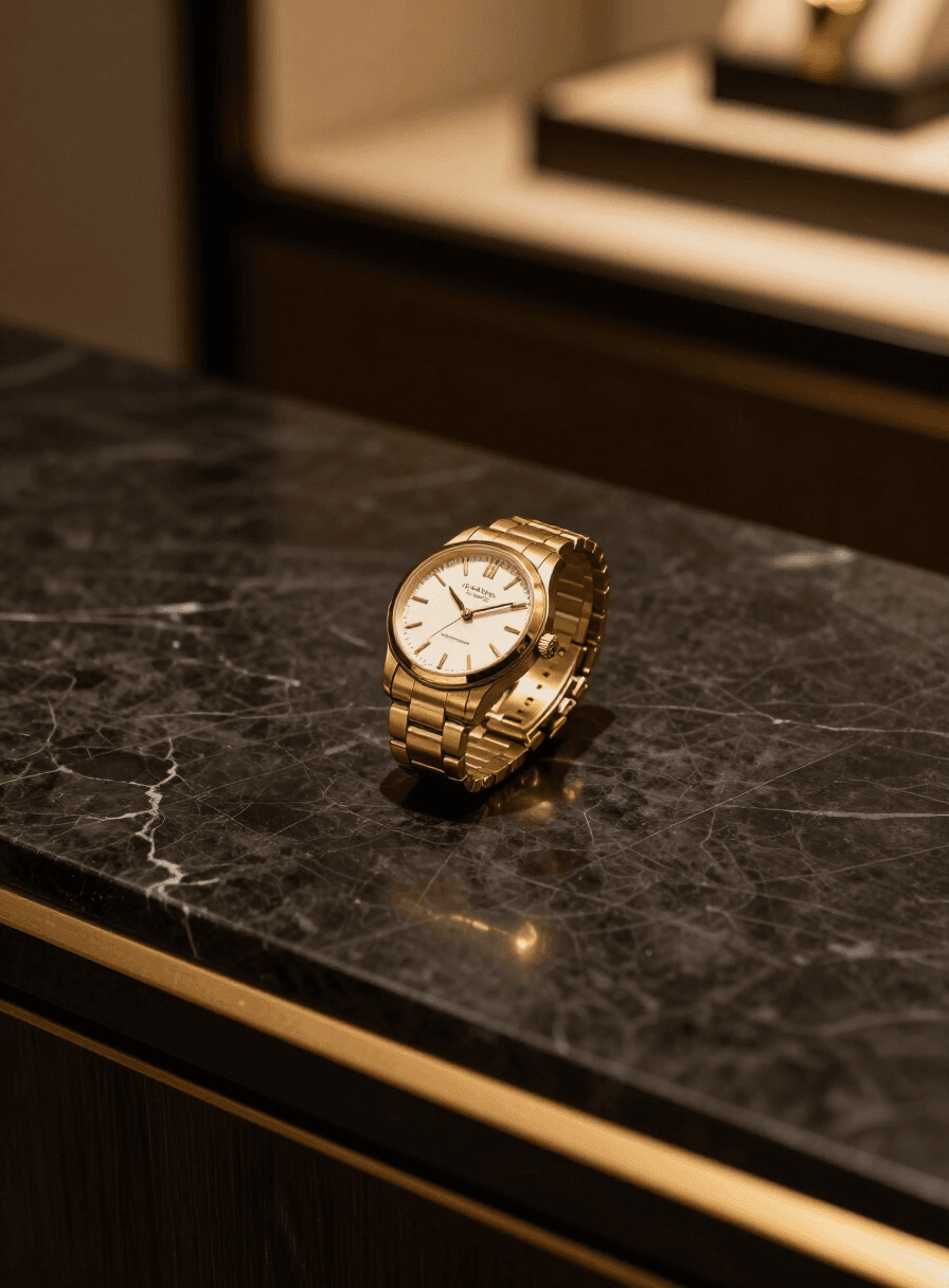 A gold luxury wristwatch on marble